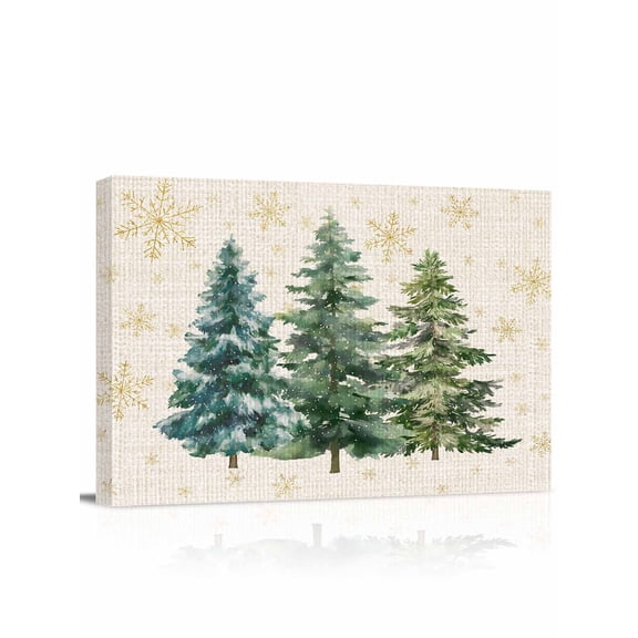 Green Christmas Tree Canvas Print Wall Art Xmas Pine Trees Snowflakes Retro Linen Pictures Painting Morden Artwork for Living Room Bedroom, Ready to Hang - 12"x16"