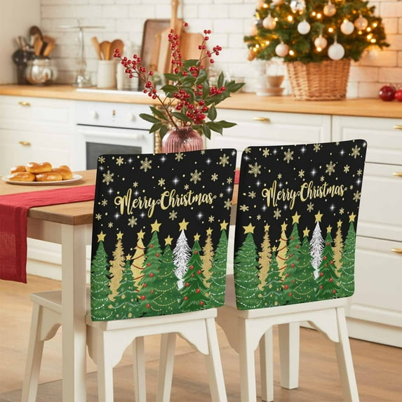 Green Christmas Tree Chair Covers Set of 6 Merry Christmas Gold Snow Pine Tree Black Chair Back Covers Stretch Removable Washable Slipcovers Protector for Dining Room Kitchen Party Decor