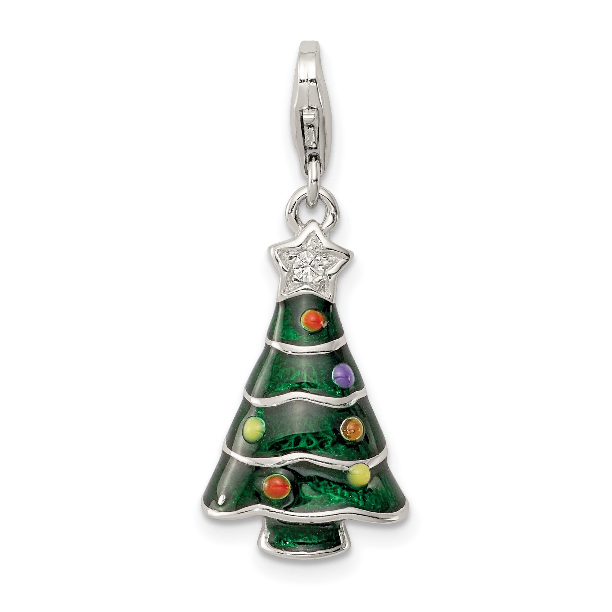 Green Christmas Tree ClipOn Pendant with Ornaments and CZ Star in 925