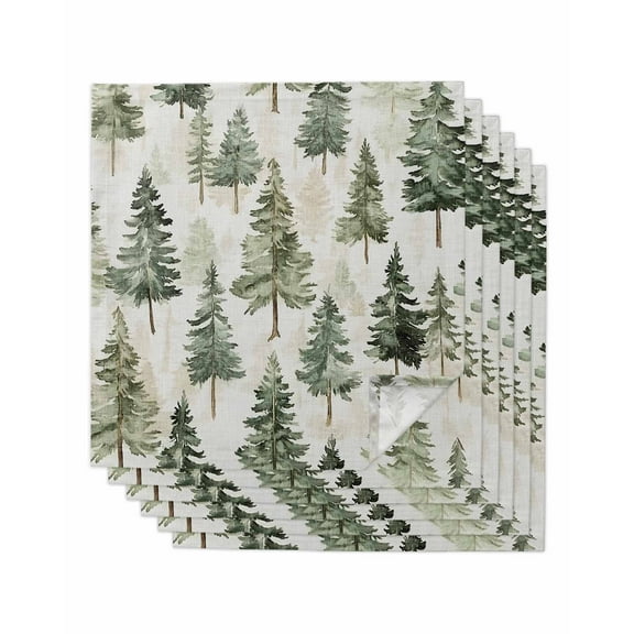 Green Christmas Tree Cloth Napkins Set of 6, Watercolor Xmas Tree Rustic Washable Reusable Dinner Cocktail Napkin for Kitchen Party Wedding Banquet Holiday Baby Shower Table Decor