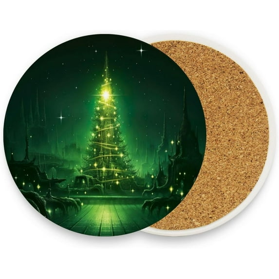 Green Christmas Tree Coasters Absorbent Moisture Non-Slip Drink Coaster Ceramic Stone with Cork Base Desktop Protection, 2PCS