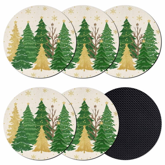 Green Christmas Tree Coasters Set of 6, Absorbent Coasters for Drinks, Golden Xmas Tree Winter Snowflake Rustic Coaster for Desk Coffee Table Protection, Home Decor House Warming Gifts 4"