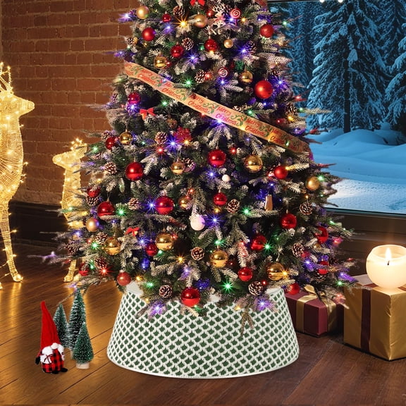 Green Christmas Tree Collar, 33Inch Quilted Christmas Tree Skirt with 2 Clips, Soft Festive Holiday Tree Stand Base Cover, Holiday Skirt for Seasonal Home Dcor