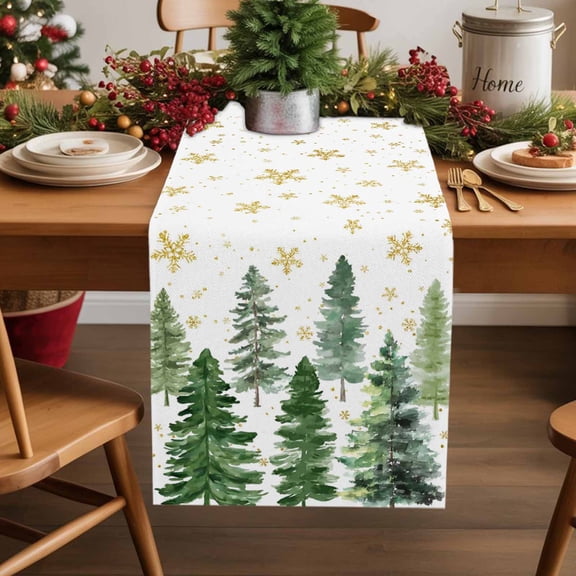 Green Christmas Tree Cotton Linen Long Table Runner 13 x 108 inch Winter Watercolor Gold Snowflakes Non-slip Rectangular Dining Table Decor for Wedding Party Holiday Dinner