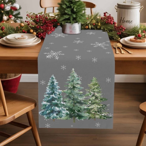 Green Christmas Tree Cotton Linen Table Extra Long Runner 13 x 120 inch Winter Snowflakes Grey Watercolor Pine Non-slip Rectangular Dining Table Decor for Wedding Party Holiday Dinner