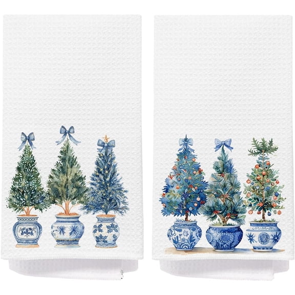 Green Christmas Tree Deer Kitchen Towels, Christmas Pine Tree Dish Tea Towels, Xmas Winter Forest Reindeer Decorative Hand Towel for Bathroom Kitchen, 16x24 Inch