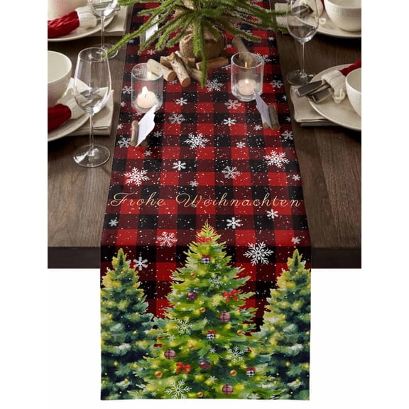 Green Christmas Tree Dresser Scarf Farmhouse, Dining Table Decorations for Wedding/Parties, Xmas Tree Snowflake Winter Red Plaid Table Runner 70 Inches Long for Kitchen Dining, 13 x 70 In