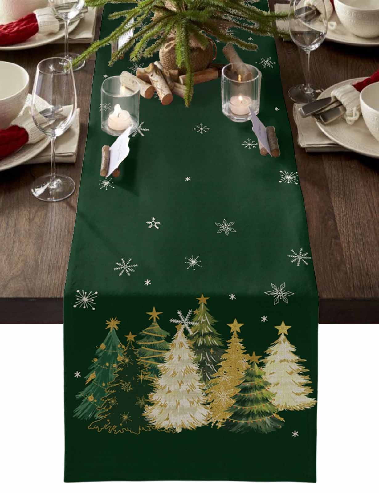 Green Christmas Tree Dresser Scarf Farmhouse, Dining Table Decorations for Wedding/Parties, Xmas Tree Winter Snowflake Table Runner 108 Inches Long for Kitchen Dining, 13 x 108 In