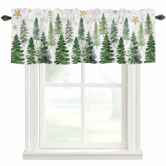 Green Christmas Tree Farmhouse Short Window Curtain Valances, Winter Watercolor Gold Snowflakes Rod Pocket Kitchen Valances for Living Room Bedroom Bathroom Cafe 42" x 12"