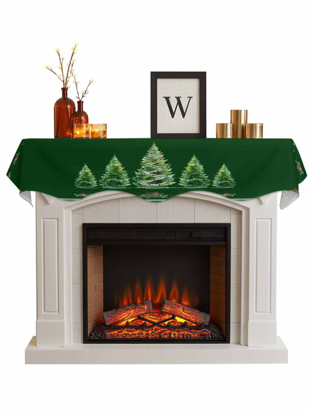 Green Christmas Tree Fireplace Mantle Scarf, Snowflake Xmas Botanical Berry Mantel Cover Table Runner for Home Living Room Door Window, Indoor Outdoor Holiday Party Decor 17" x 60"