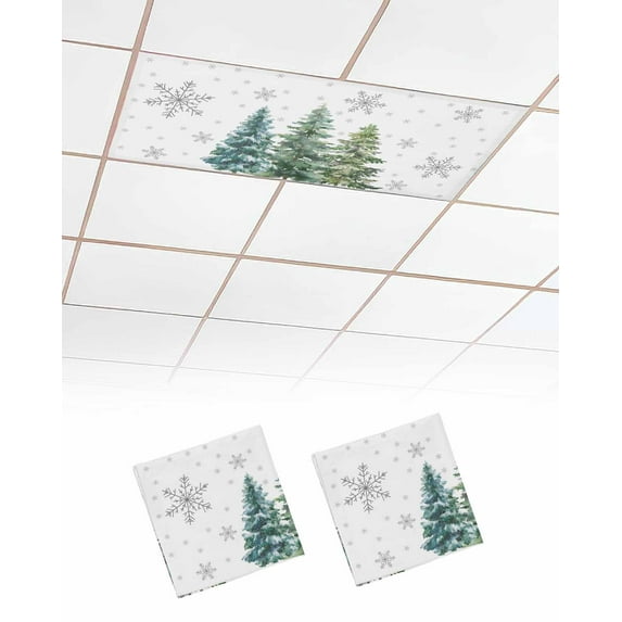 Green Christmas Tree Fluorescent Light Covers for Ceiling Lights 4x2 feet,2 Pack Magnetic Light Filters for Classroom,Xmas Tree Grey Snowflake Fluorescent Light Shade Panel for Office School Drop