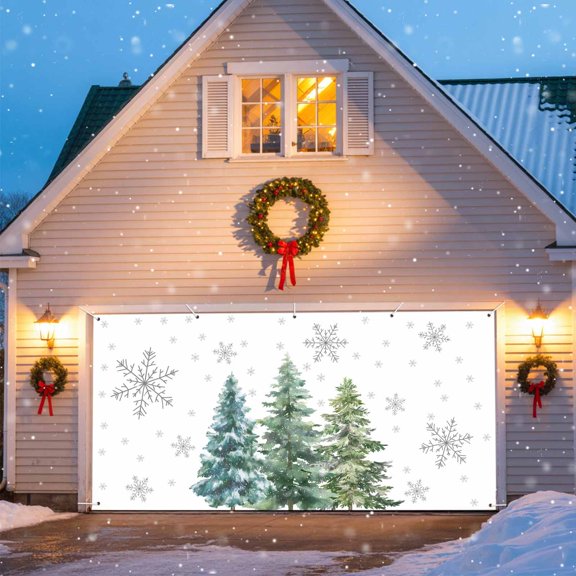 Green Christmas Tree Garage Door Banner Covers, Xmas Pine Trees Grey Winter Snowflakes Large Hanging Indoor/Outdoor Backdrop Background for Christmas Winter Party Decor, 6.9x8 FT