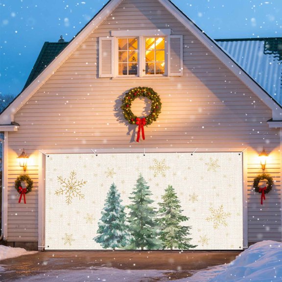 Green Christmas Tree Garage Door Banner Covers, Xmas Pine Trees Snowflakes Retro Linen Large Hanging Indoor/Outdoor Backdrop Background for Christmas Winter Party Decor, 6x13 FT