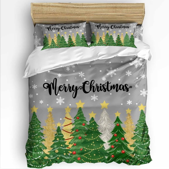 Green Christmas Tree King Size Comforter Set, Merry Christmas Pine Trees Snowing Grey Bedding for All Seasons, 4 Pcs Bed Set with 1Comforter (90"x106") ,1 Sheet(94"x116"), 2 Pillowcases (19"x35")