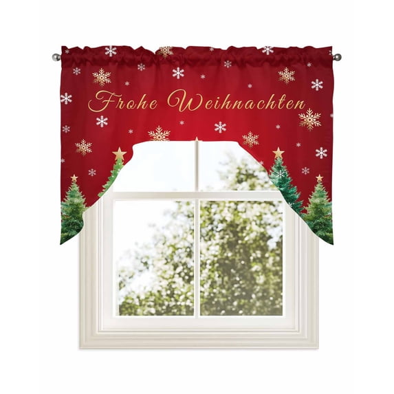 Green Christmas Tree Kitchen Curtains Swag Valance for Windows/Bathroom/Cafe, Xmas Tree Snowflake Red Rod Pocket Drape Panel Swag Curtains Valance for Bedroom/Living Room 56"x36"