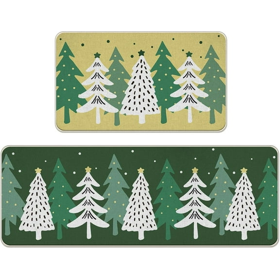 Green Christmas Tree Kitchen Rugs Set of 2, Xmas Holiday Kitchen Mats Decor, Winter Floor Door Mat Home Decorations - 17x30 and 17x47 Inch