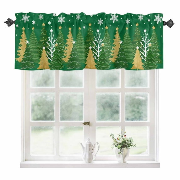 Green Christmas Tree Kitchen Valances for Windows 54x18 Inch Kitchen Curtains Valances Rod Pocket Golden Xmas Tree Snowflake Winter Bathroom Window Valances for Window Treatment Decor