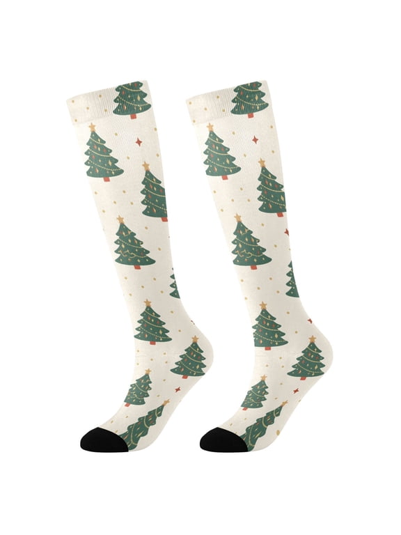 Green Christmas Tree Novelty Patterned Knee High Socks Breathable Stretchy Soft Tall Boot Socks