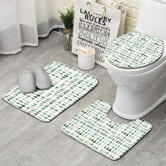 Green Christmas Tree Pattern Bathroom Rugs Sets 3 Piece,Toilet Cover Set,Absorbent Non Slip Bathroom Mats Sets with U-Shaped Contour Rug Toilet Rug Set