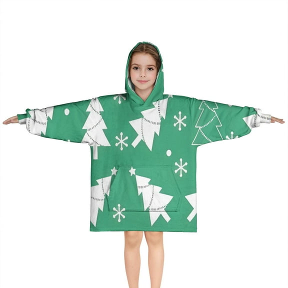 Green Christmas Tree Pattern Blanket Hoodies for Kids 6-13YR Oversize Wearable Blanket Hoodies for Boys Girls Teens