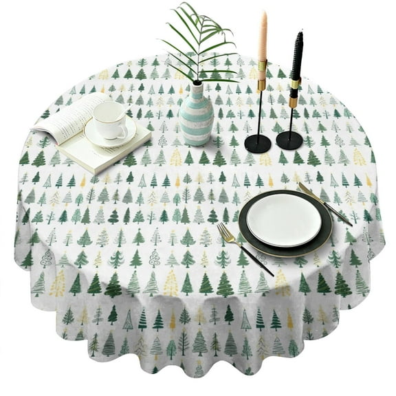 Green Christmas Tree Pattern Round Tablecloth 60"x60",Wrinkle Wipeable Table Cloth for Kitchen Dining Room Picnic Patio Party