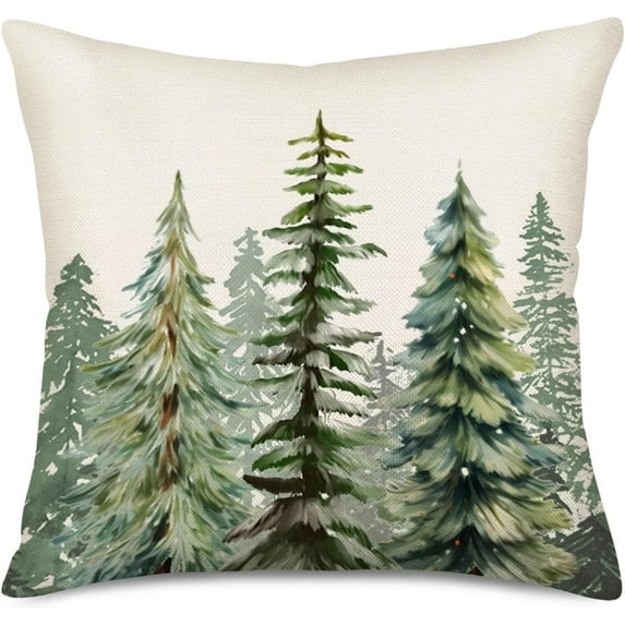 Green Christmas Tree Pillow Covers 18x18 Inch Merry Christmas Watercolor Forest Farmhouse Decoration Throw Pillow Cover Winter Holiday Pillows Cushion Cover Cotton Linen for Sofa Couch