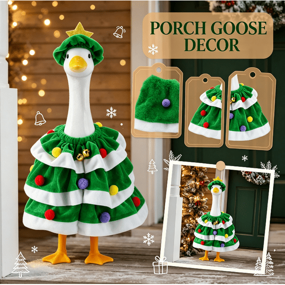 Green Christmas Tree Porch Goose Outfit, Tiered Plush Costume with Star Hat, Pom‑Poms & Bells for 23 Inch Lawn Goose Statue Yard Decor