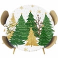 thumbnail image 1 of Green Christmas Tree Round Tablecloth, Fitted Table Cover with Elastic for 36"-44" Round Tables, Golden Xmas Tree Winter Snowflake Table Cloth Outdoor Indoor Dinning Party Waterproof Tablecloths, 1 of 7