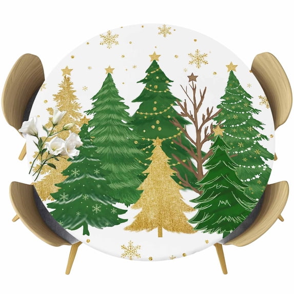 Green Christmas Tree Round Tablecloth, Fitted Table Cover with Elastic for 36"-44" Round Tables, Golden Xmas Tree Winter Snowflake Table Cloth Outdoor Indoor Dinning Party Waterproof Tablecloths