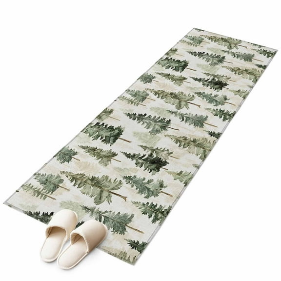 Green Christmas Tree Runner Rug 2x6 FT, Non Slip Hallway Carpet, Watercolor Xmas Tree Rustic Washable Soft Floor Carpet Throw Runner Carpet Long Rug for Entryway Kitchen Bedside Sliding Door