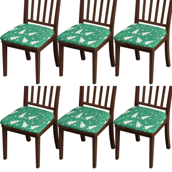 Green Christmas Tree Seat Covers for Dining Room Chairs Set Of 6,Stretch Printed Washable Chair Seat Cover with Elastic Ties and Button,Removable Waterproof Couch Cushion Covers