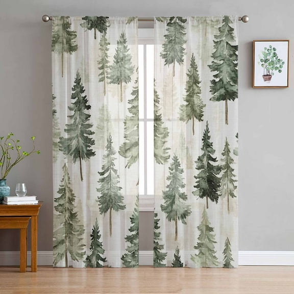 Green Christmas Tree Sheer Curtains 72 Inch Length 2 Panels Set for Living Room/Bedroom, Watercolor Xmas Tree Rustic Semi Curtain Sheers Drapes Rod Pocket Curtains Window Treatment Set 52''x72''x2