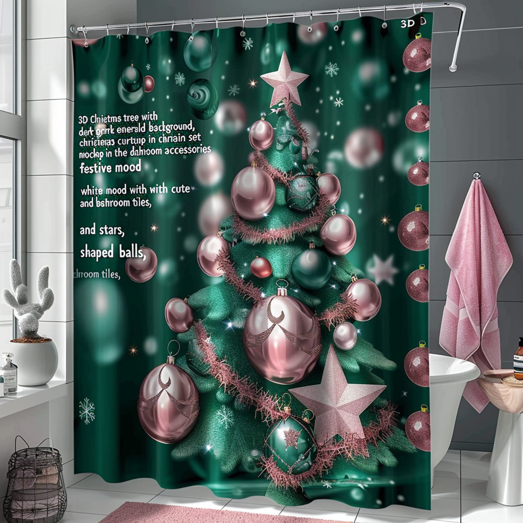 Green Christmas Tree Shower Curtain Set Festive Bathroom Decor with