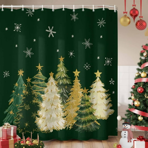 Green Christmas Tree Shower Curtain, Xmas Tree Winter Snowflake Waterproof Fabric Shower Curtains with 12 Hooks, Bathroom Curtain Set for Bathroom Accessories Decor, 48 x 72 Inches