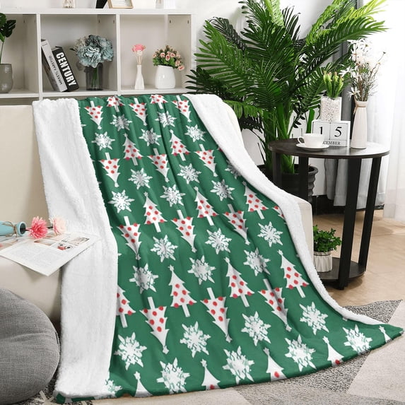 Green Christmas Tree and Snowflake Pattern Blanket,Comfortable Soft Lamb Wool Throw Blanket,All Season,Warm Lightweight Blankets for Sofa Bed Couch Living Room Chair,50"x60"