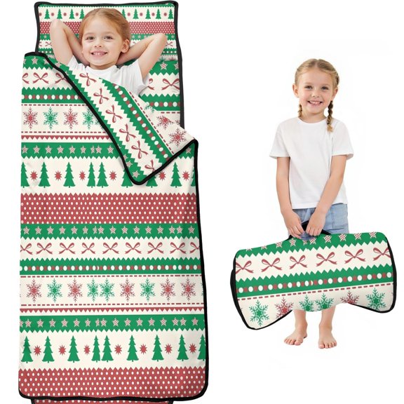 Green Christmas Tree and Snowflake Pattern Toddler Nap Mats for Kids Preschool,59"x22" Sleeping Mat Bag or Kids,Toddler Sleeping Bag,Toddler Nap Mat or Daycare