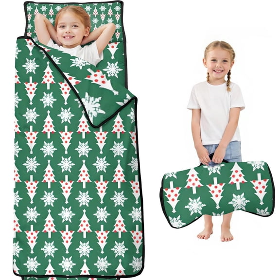 Green Christmas Tree and Snowflake Pattern Toddler Nap Mats for Kids Preschool,60"x20" Sleeping Mat Bag or Kids,Toddler Sleeping Bag,Toddler Nap Mat or Daycare