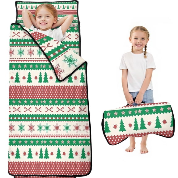 Green Christmas Tree and Snowflake Pattern Toddler Nap Mats for Kids Preschool,60"x20" Sleeping Mat Bag or Kids,Toddler Sleeping Bag,Toddler Nap Mat or Daycare