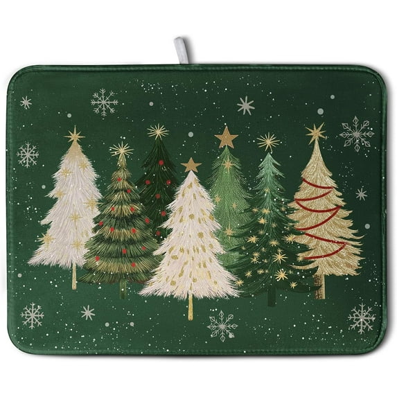 Green Christmas Tree Snowflakes Dish Drying Mat for Kitchen Counter 18x24 Inch Winter Xmas Holiday Dish Rack Mat Absorbent Microfiber Dish Draining Mat Reversible Drainer Pad
