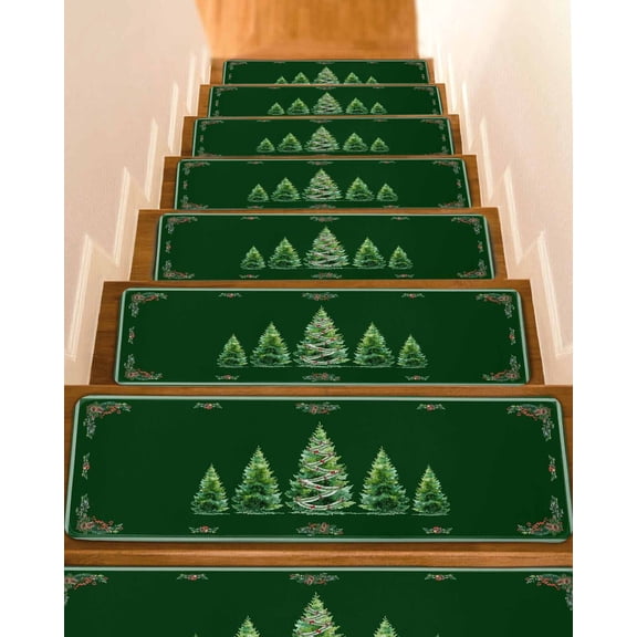 Green Christmas Tree Stair Treads for Wooden Steps Indoor Runner Rug Carpet, Snowflake Xmas Botanical Berry 4 Pieces Peel and Stick Staircase Step Treads Covers Washable Throw Door Mats, 30"x8"