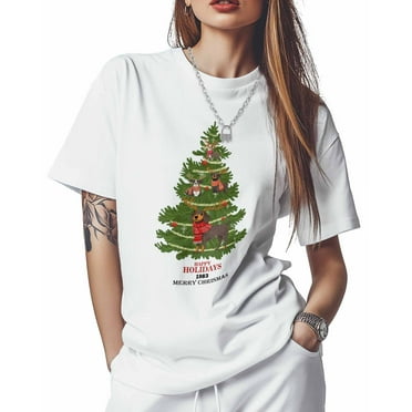 Green Christmas Tree T Shirts for Women, Xmas Dog Snowflake Balls Short Sleeve Tees Tops Quick Dry White Tshirts X-Small