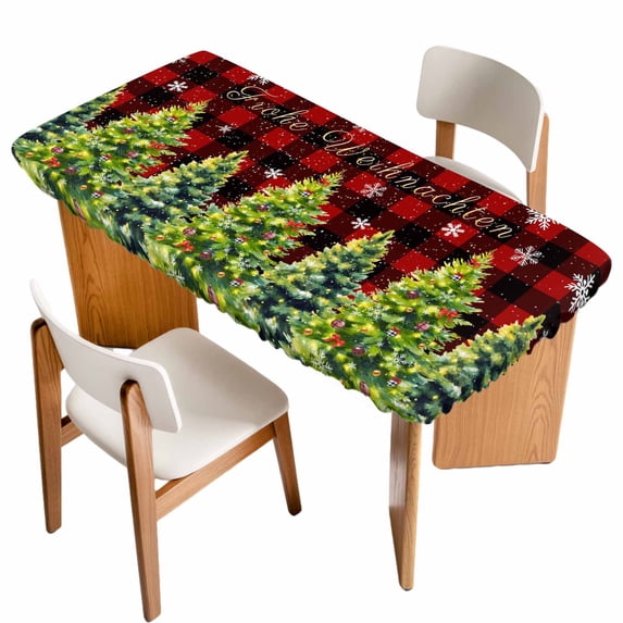 Green Christmas Tree Table Cloths for 4 Foot Rectangle Tables, Xmas Tree Snowflake Winter Red Plaid Patio Waterproof Elastic Fitted Tablecloths, Washable Rectangular Table Cover for Camping