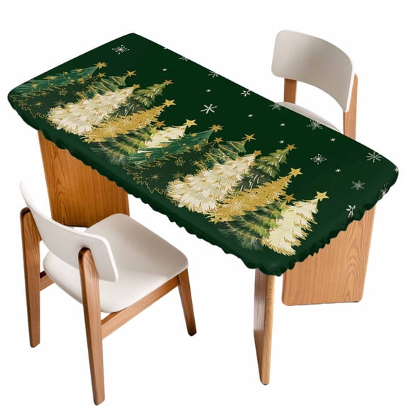 Green Christmas Tree Table Cloths for 5 Foot Rectangle Tables, Xmas Tree Winter Snowflake Patio Waterproof Elastic Fitted Tablecloths, Washable Rectangular Table Cover for Camping
