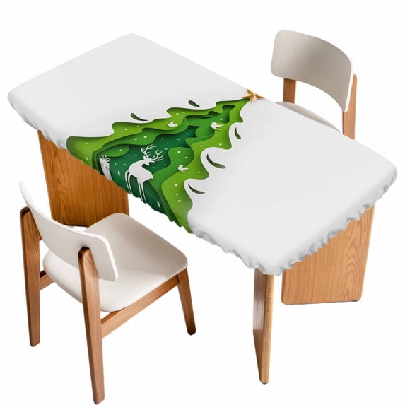 Green Christmas Tree Table Cloths for 6 Foot Rectangle Tables, Xmas Reindeer Modern Abstract Art Patio Waterproof Elastic Fitted Tablecloths, Washable Rectangular Table Cover for Camping