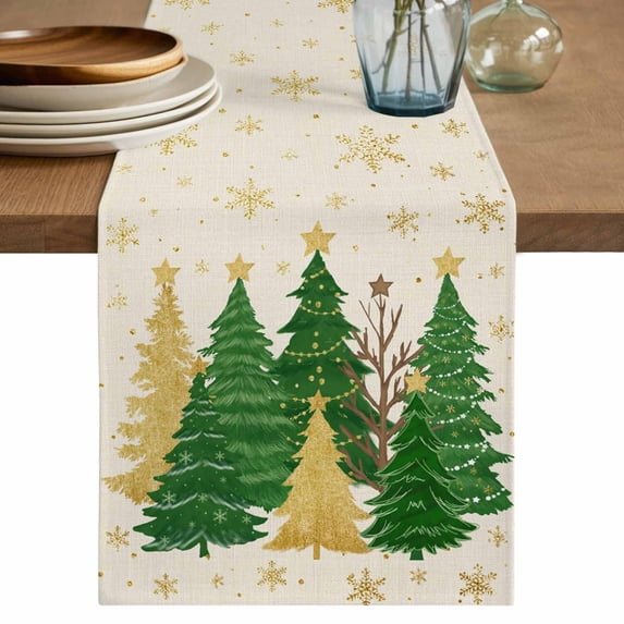 Green Christmas Tree Table Runner 72 Inches, Golden Xmas Tree Winter Snowflake Rustic Bed Runner Dresser Scarves Tabletop for Indoor Outdoor Parties/Ceremony/Banquet, 14" x 72"