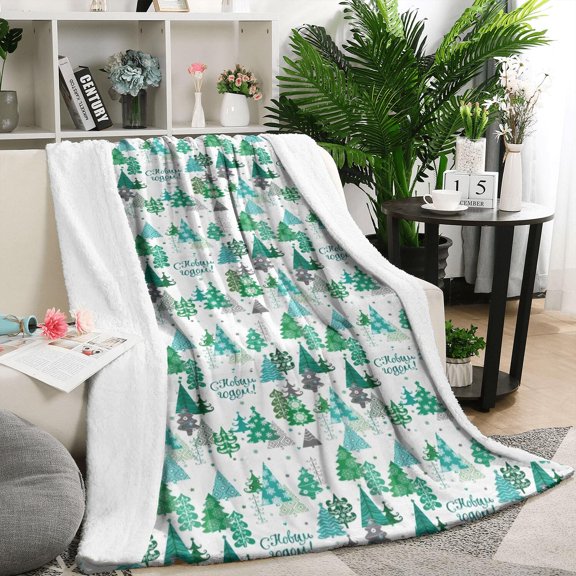 Green Christmas Tree and Text Pattern Blanket,Comfortable Soft Flannel Throw Blanket,All Season,Warm Lightweight Blankets for Sofa Bed Couch Living Room Chair,50"x60"
