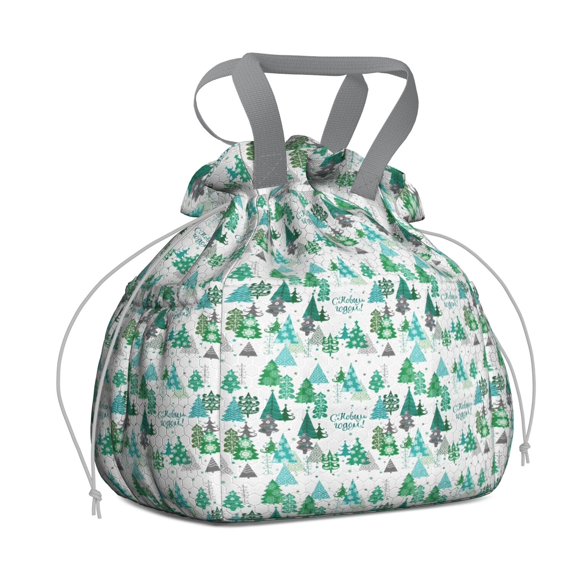 Green Christmas Tree and Text Pattern Drawstring Lunch Bag Women - Drawstring Lunch Bag Insulated for Work Office - Stain-Resistant Large Lunchbags for Women with Multi-Pockets