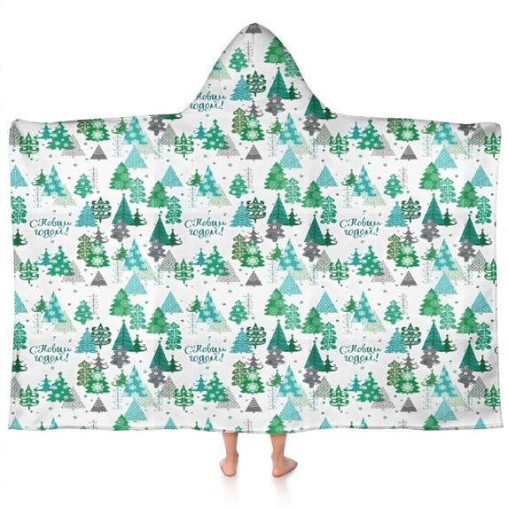 Green Christmas Tree and Text Pattern Hooded Bath Towel,60"x35" for Ages 3 To 12 Kids, Quick Dry Lightweight Soft Microfiber Hood Beach Towel Cover Up for Kids
