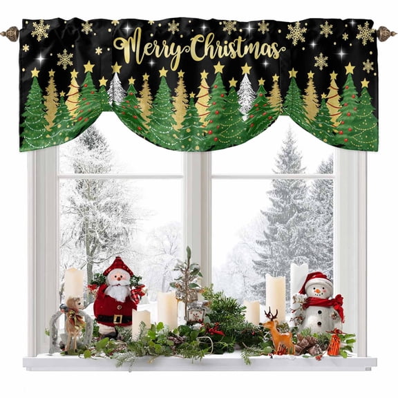 Green Christmas Tree Tie Up Valances Curtain, Merry Christmas Gold Snow Pine Tree Black Adjustable Rod Pocket Short Window Treatment Tie Up Curtains Valances for Kitchen Living Room Bathroom 54x18 In