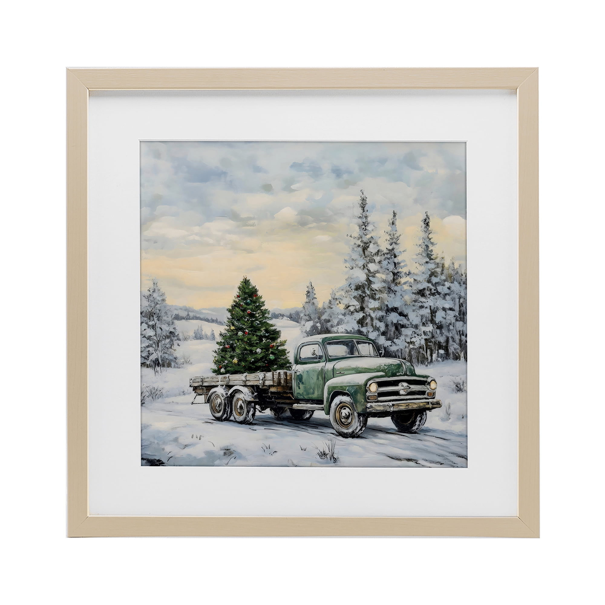 Green Christmas Tree Truck Birch Framed Print Under Glass, design by Petal Prints Design